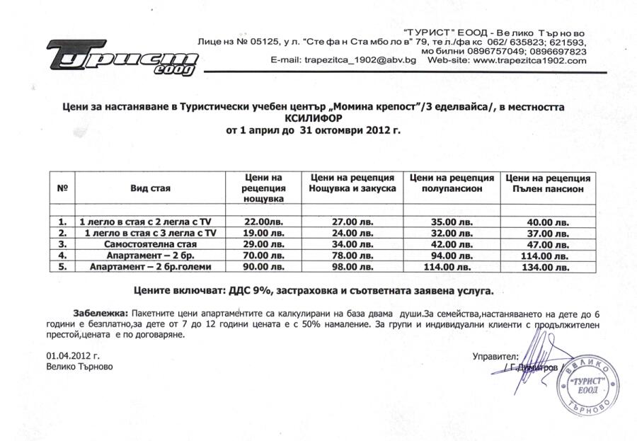Цени за настаняване